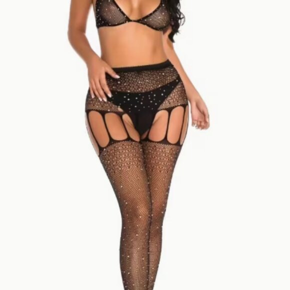 Black 2pc Bralette & Bottoms Sparkly Fishnet Bodysuit - Picture 5 of 5